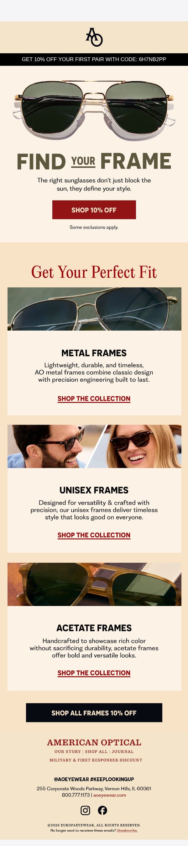 Frames Built for Every Style email from American Optical screenshot