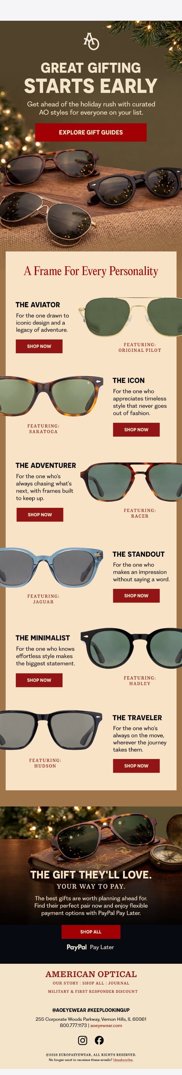 A Head Start On Gifting email from American Optical screenshot