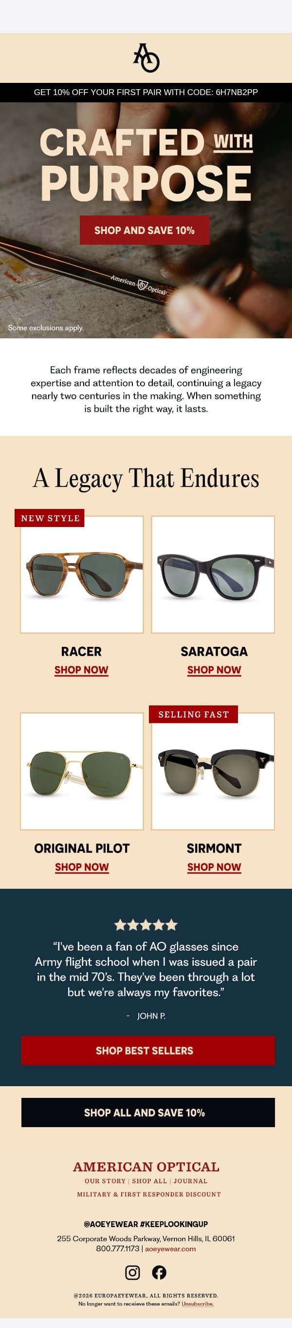 Your 10% Expires Tonight email from American Optical screenshot