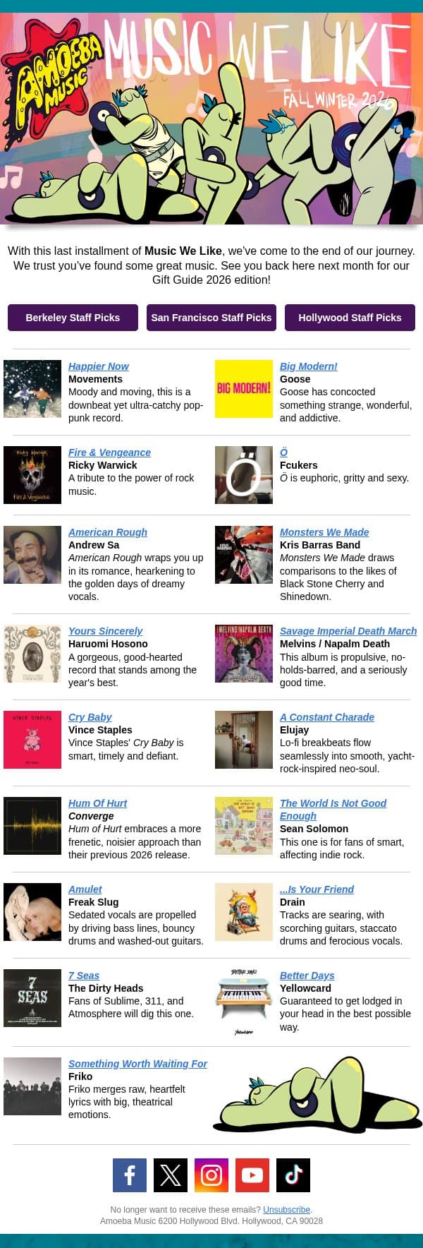 Music We Like - Fall/Winter 2026 Edition - The End email from Amoeba Music screenshot