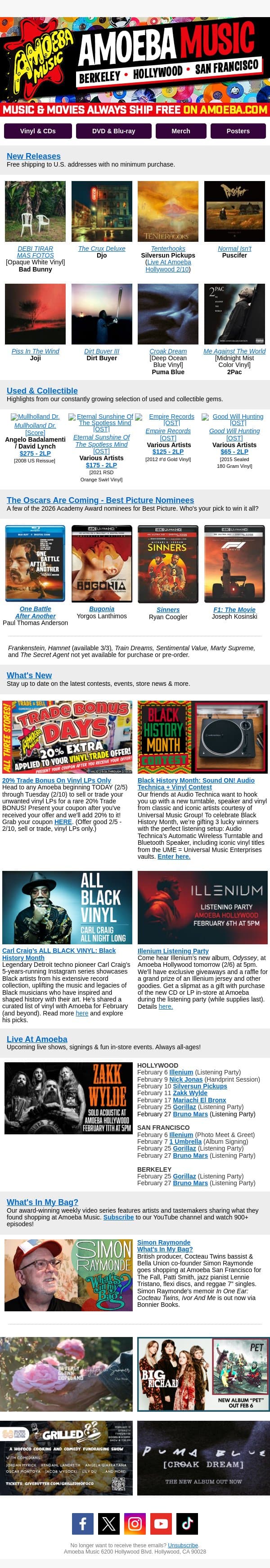 20% Trade Bonus Coupon, Audio Technica + Vinyl Contest, New Releases From Bad Bunny, Silversun Pickups & More email from Amoeba Music screenshot