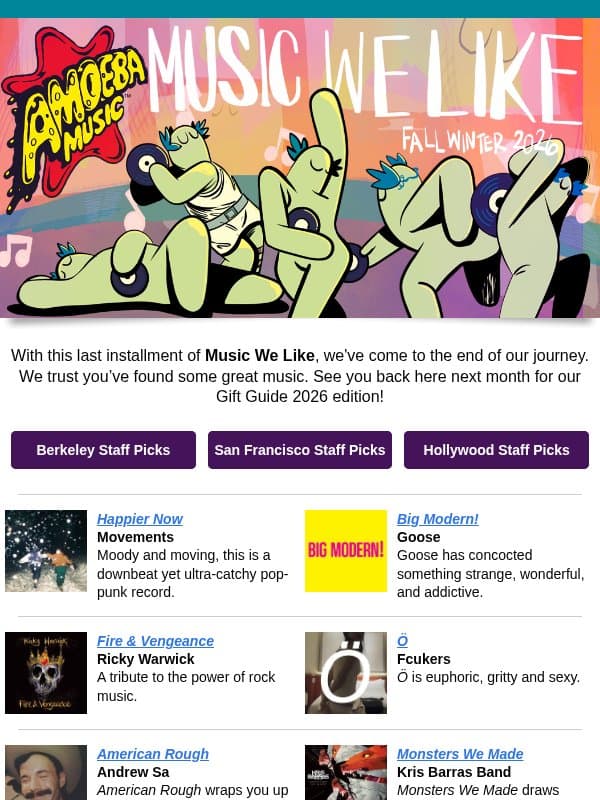 Music We Like - Fall/Winter 2026 Edition - The End email from Amoeba Music