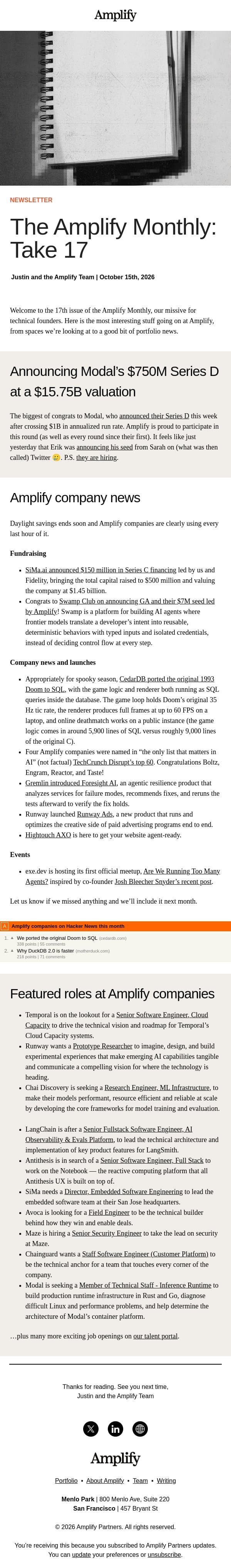 Amplify Monthly #17: Modal's Series D, DOOM ported to SQL, and more email from Amplify Partners screenshot
