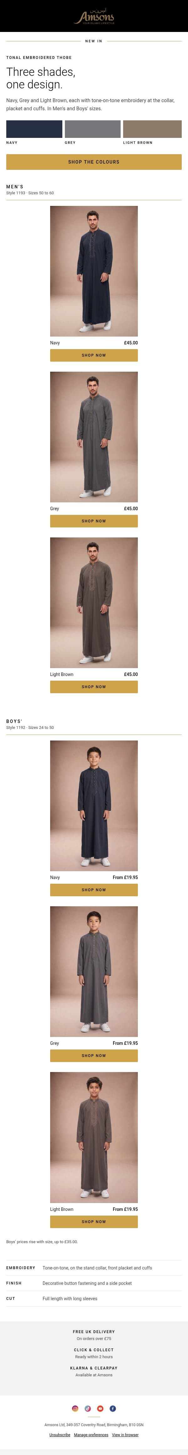 New thobes for him and the boys email from Amsons screenshot