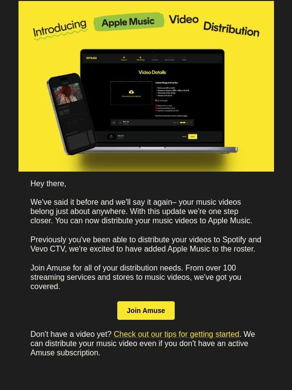 Music Video Distribution to Apple Music is Here email from Amuse