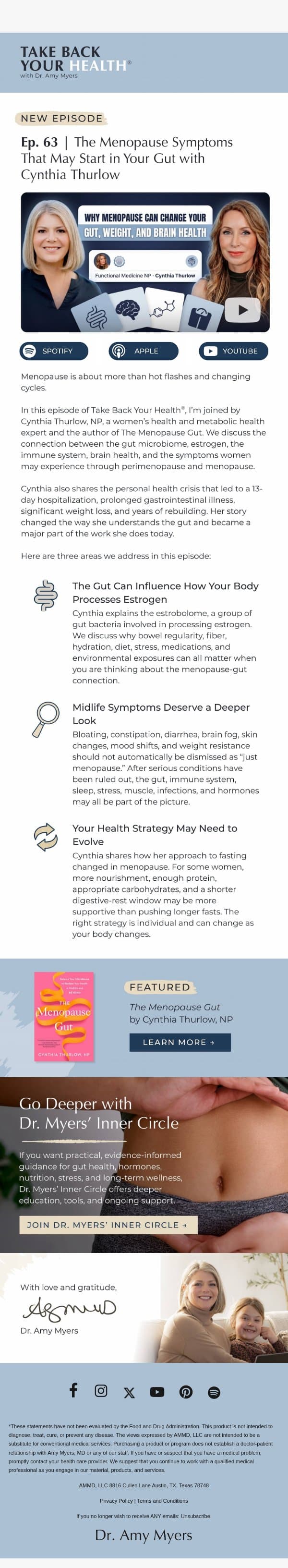 How Menopause Can Change Your Gut, Weight, and Brain Health email from Amy Myers MD screenshot