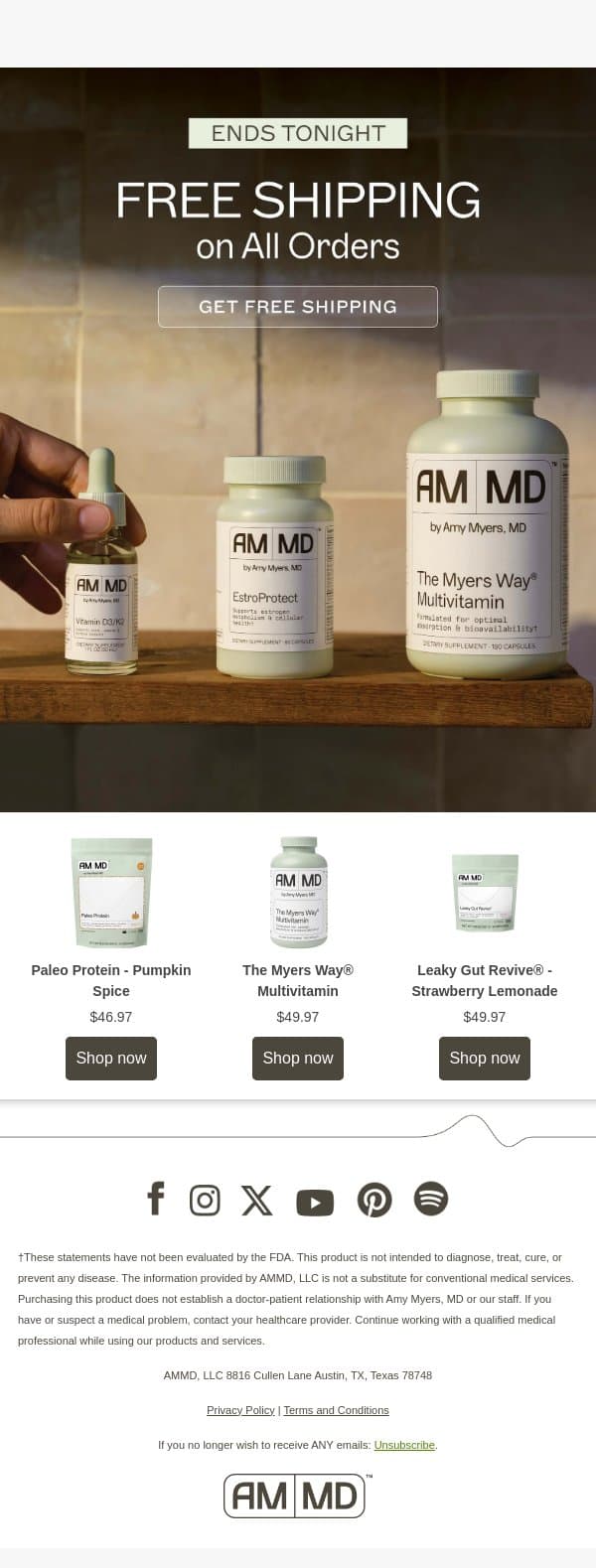 ENDS TONIGHT: Free Shipping on all orders email from Amy Myers MD screenshot