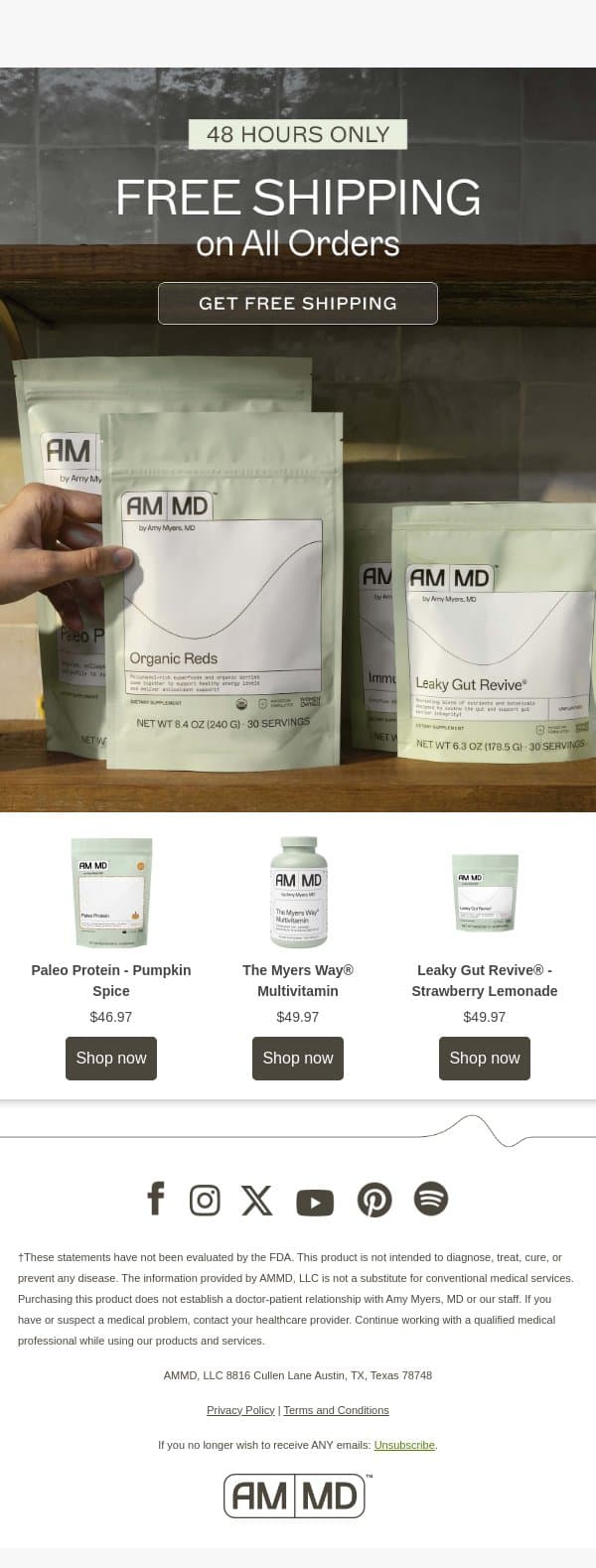 FREE SHIPPING for 48 Hours Only email from Amy Myers MD screenshot