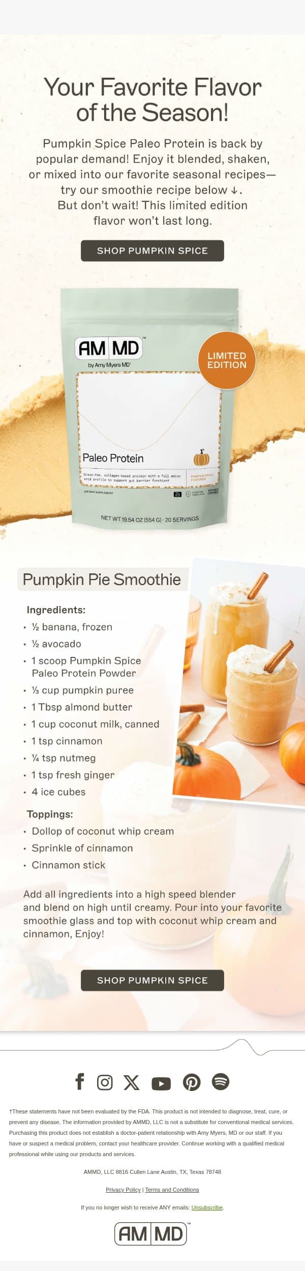 IT’S HERE! Pumpkin Spice Paleo Protein email from Amy Myers MD screenshot