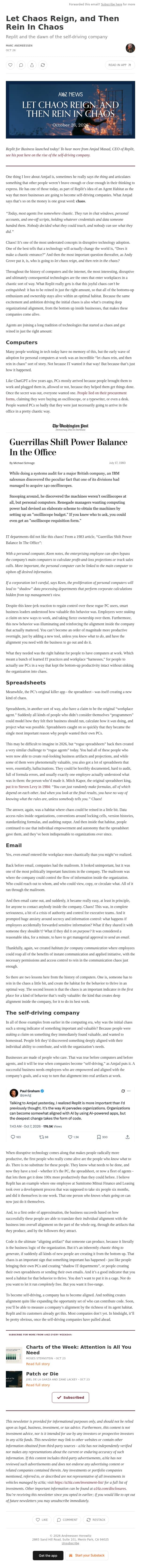 Let Chaos Reign, and Then Rein In Chaos email from Andreessen Horowitz screenshot
