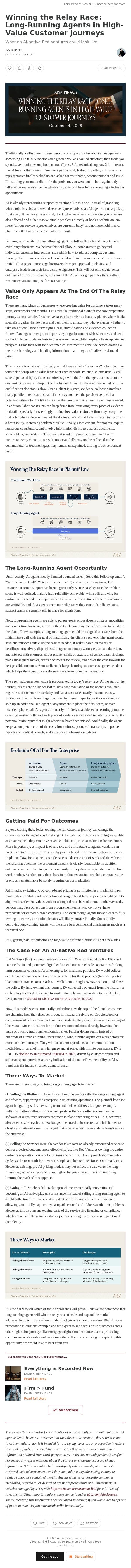 Winning the Relay Race: Long-Running Agents in High-Value Customer Journeys email from Andreessen Horowitz screenshot