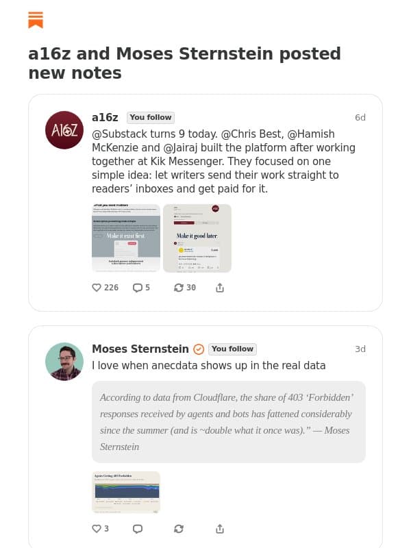 a16z and Moses Sternstein posted new notes email from Andreessen Horowitz