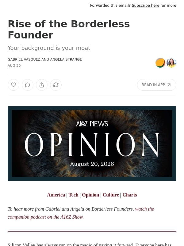 Rise of the Borderless Founder email from Andreessen Horowitz