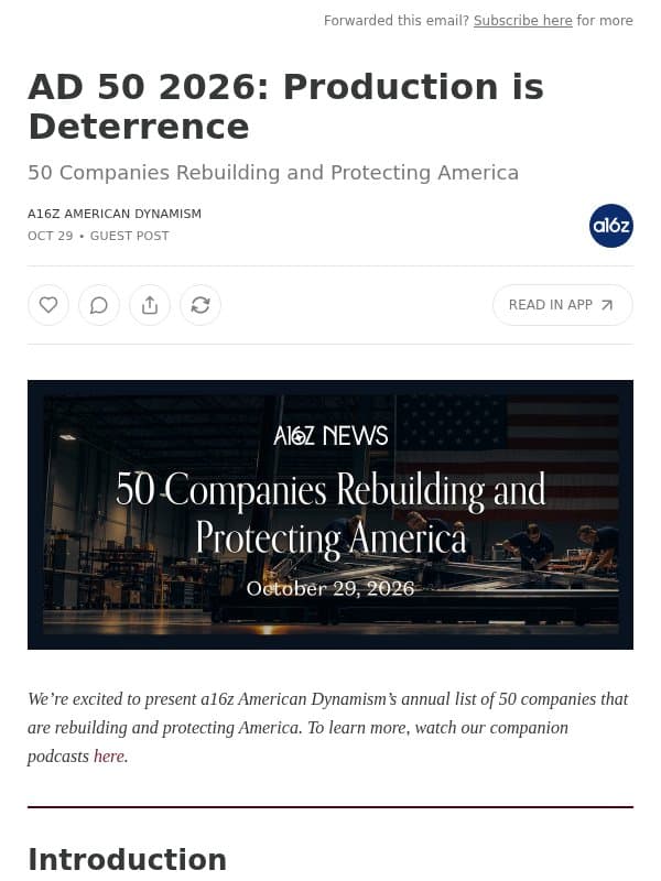 AD 50 2026: Production is Deterrence email from Andreessen Horowitz