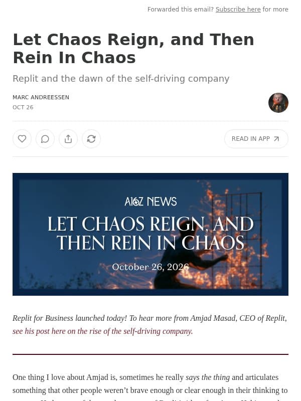 Let Chaos Reign, and Then Rein In Chaos email from Andreessen Horowitz