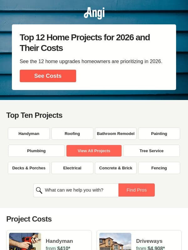 Top 12 home projects for 2026 and their costs email from Angi