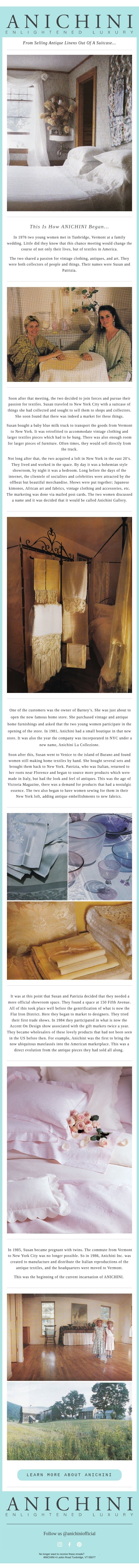 From Selling Antique Linens Out Of A Suitcase... email from Anichini screenshot