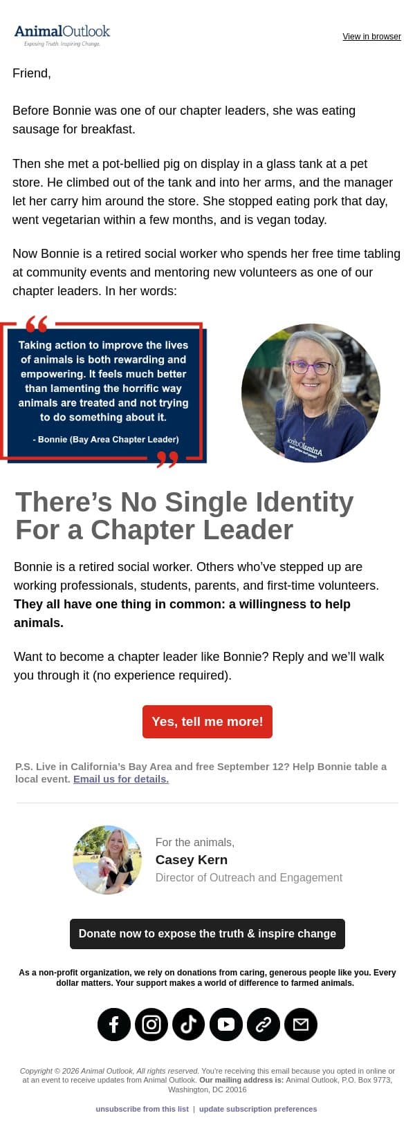 The pig that changed everything for Bonnie email from Animal Outlook screenshot