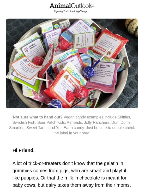 🍬 Turn your candy bowl into easy vegan outreach! email from Animal Outlook