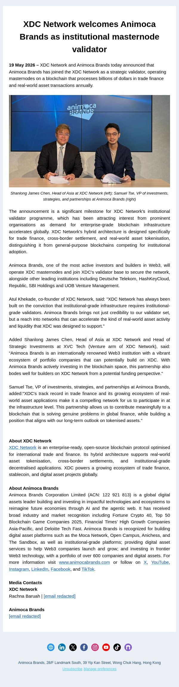XDC Network welcomes Animoca Brands as institutional masternode validator email from Animoca Brands screenshot