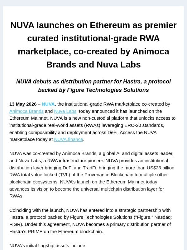 NUVA launches on Ethereum as premier curated institutional-grade RWA marketplace, co-created by Animoca Brands and Nuva Labs email from Animoca Brands