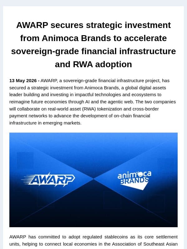 AWARP secures strategic investment from Animoca Brands to accelerate sovereign-grade financial infrastructure and RWA adoption email from Animoca Brands