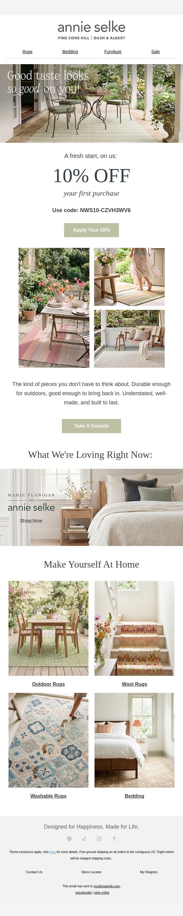Thanks for signing up! email from Annie Selke screenshot