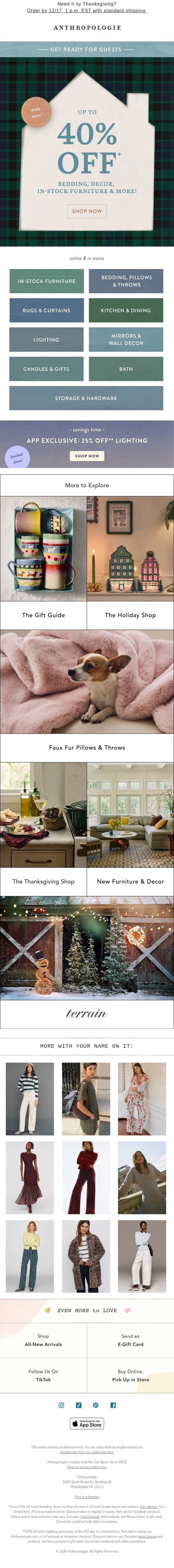 Up to 40% off home ends SOON email from Anthropologie screenshot