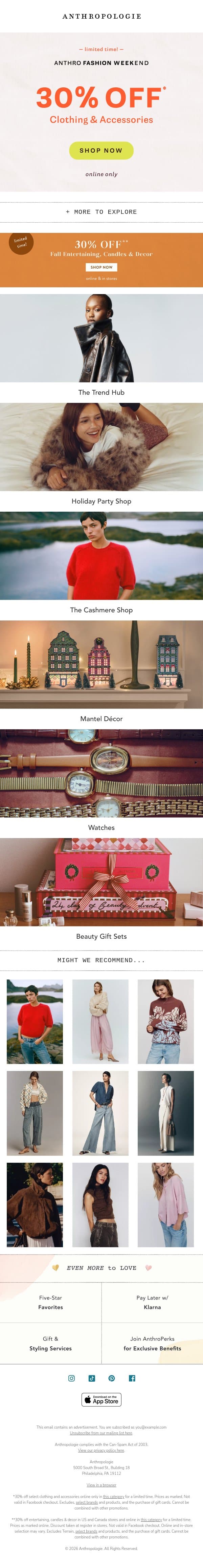 NOW: 30% off clothing & accessories email from Anthropologie screenshot