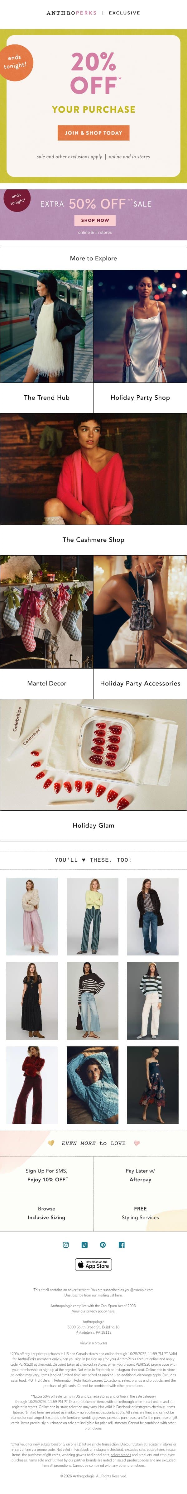 20% off ends tonight, FYI email from Anthropologie screenshot