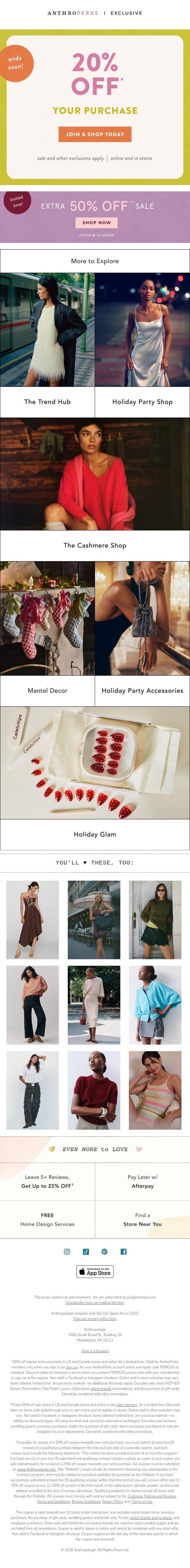 Join AnthroPerks for 20% off email from Anthropologie screenshot
