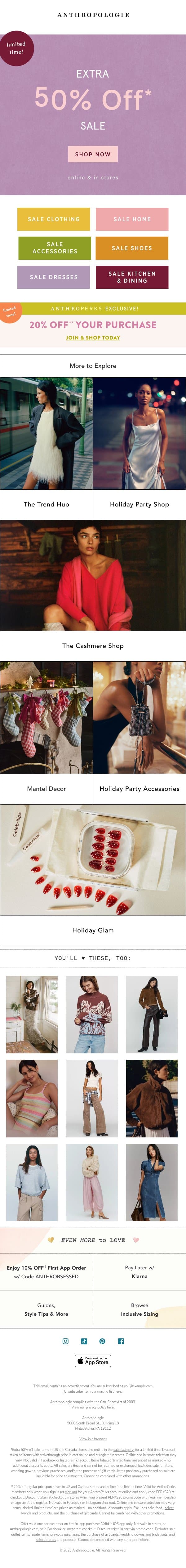 Extra 50% off sale is live. Go. email from Anthropologie screenshot