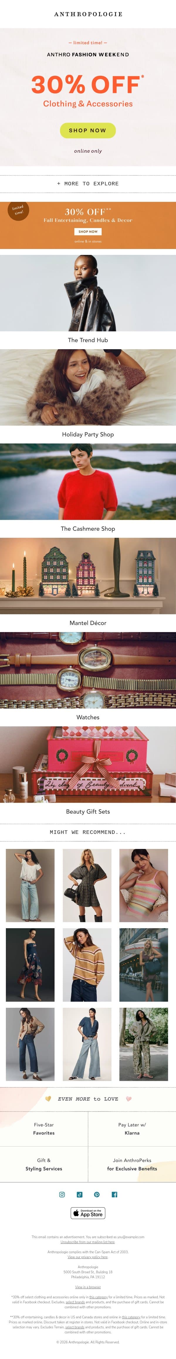 Enjoy 30% off dresses, sweaters, shoes email from Anthropologie screenshot