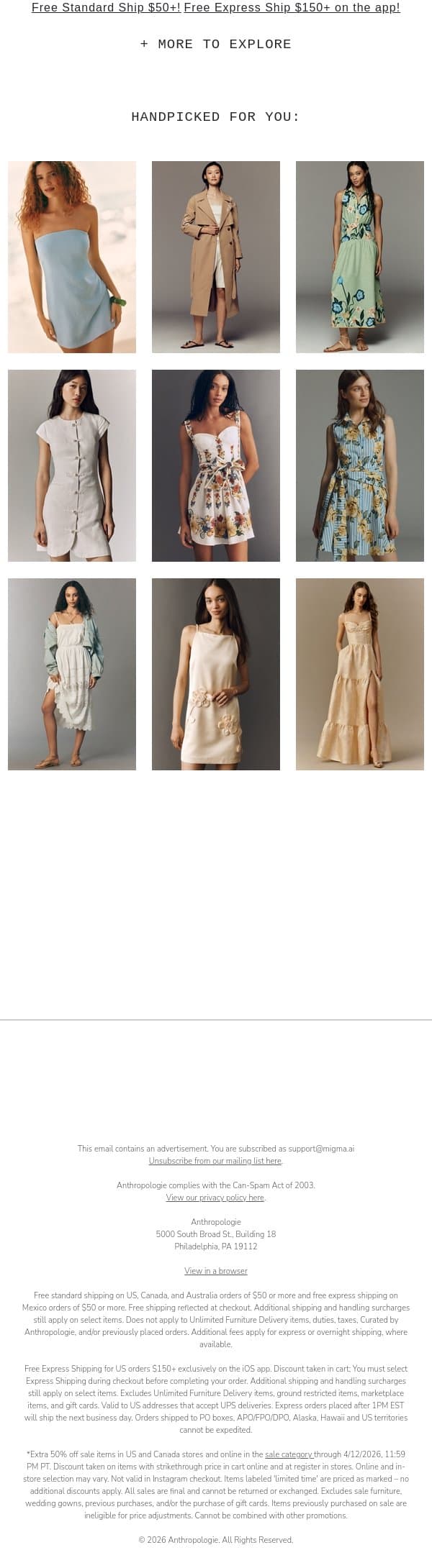 Ends tonight! Extra 50% off sale email from Anthropologie screenshot