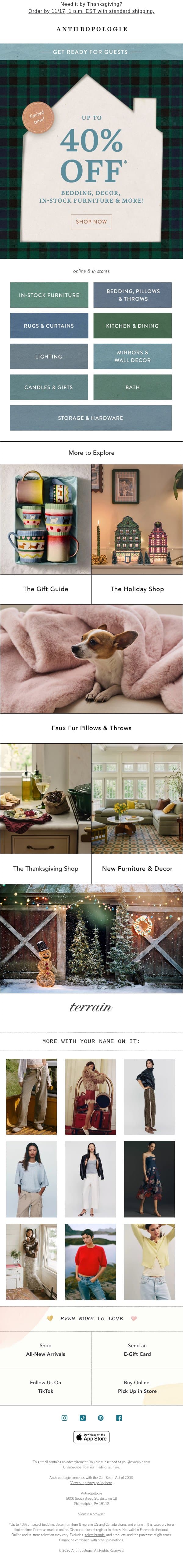 Up to 40% off home, just in time for guests email from Anthropologie screenshot