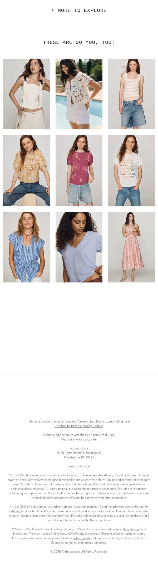 LIVE! Extra 40% off sale email from Anthropologie screenshot