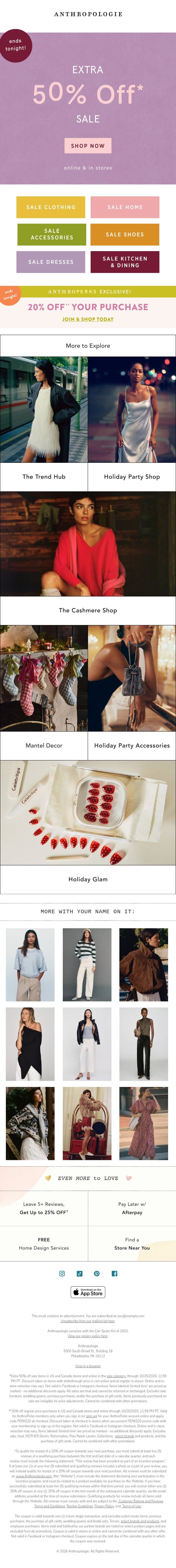 Ends tonight: extra 50% off sale email from Anthropologie screenshot