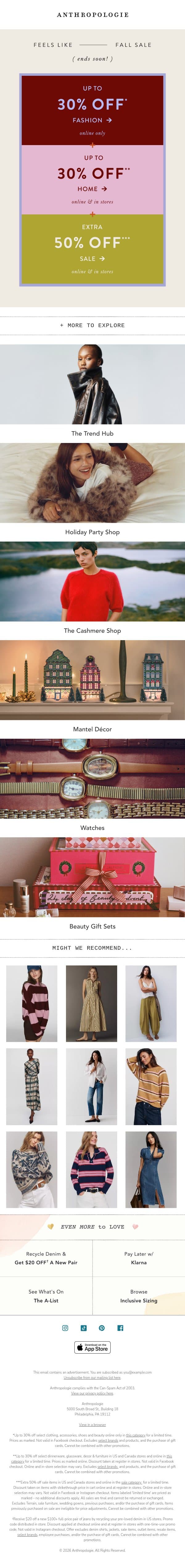 Fall refresh: up to 30% off clothing & accessories email from Anthropologie screenshot