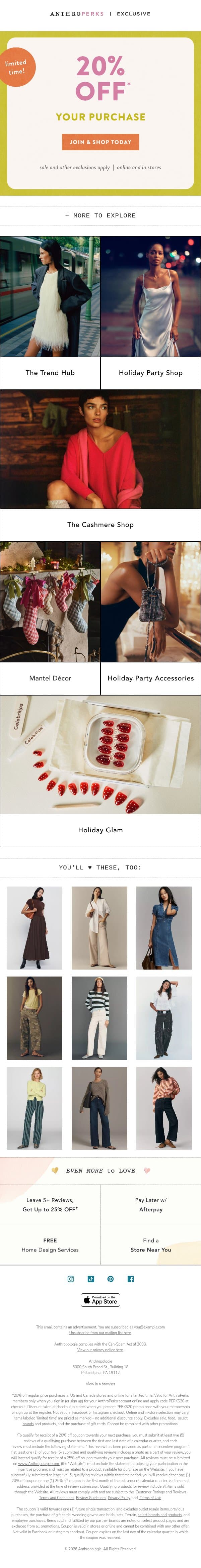 20% off, AnthroPerks exclusive email from Anthropologie screenshot