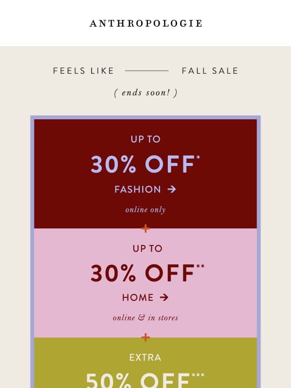 Fall refresh: up to 30% off clothing & accessories email from Anthropologie