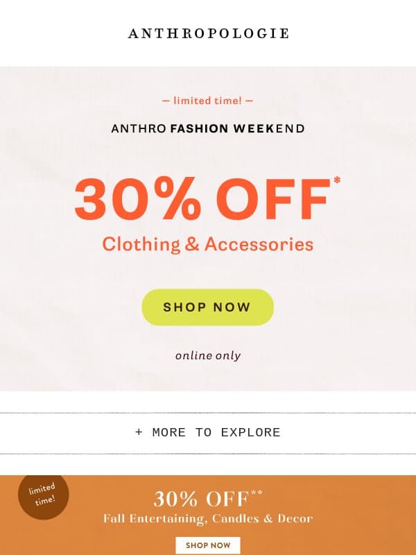 NOW: 30% off clothing & accessories email from Anthropologie