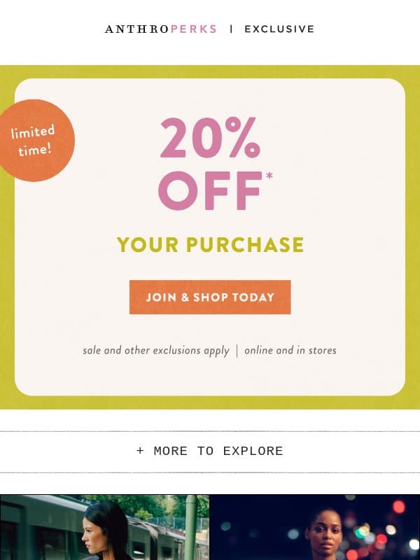 20% off, AnthroPerks exclusive email from Anthropologie