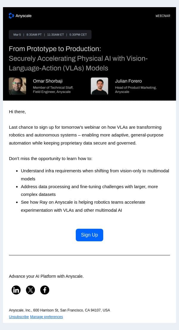 Last call! Accelerating Physical AI with VLA Models email from Anyscale screenshot