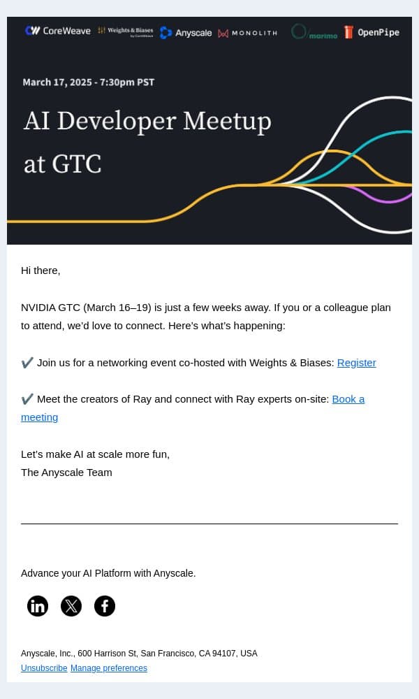 AI Developer Meetup at NVIDIA GTC email from Anyscale screenshot