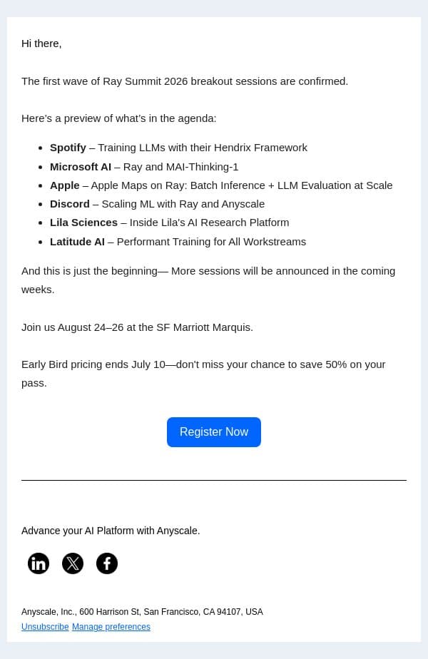 Ray Summit speakers: Spotify, Apple, Discord + more email from Anyscale screenshot