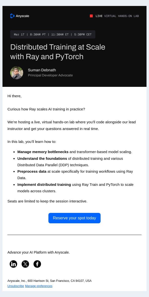 From Single GPU to Clusters - Distributed Training with Ray email from Anyscale screenshot