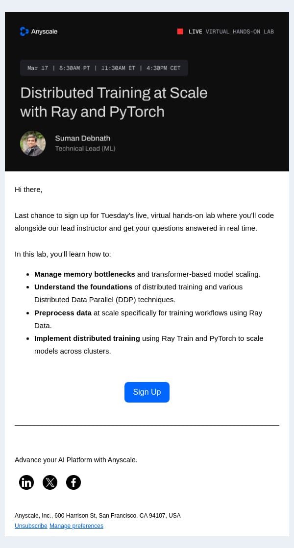 Last call! Distributed Training with Ray and PyTorch email from Anyscale screenshot