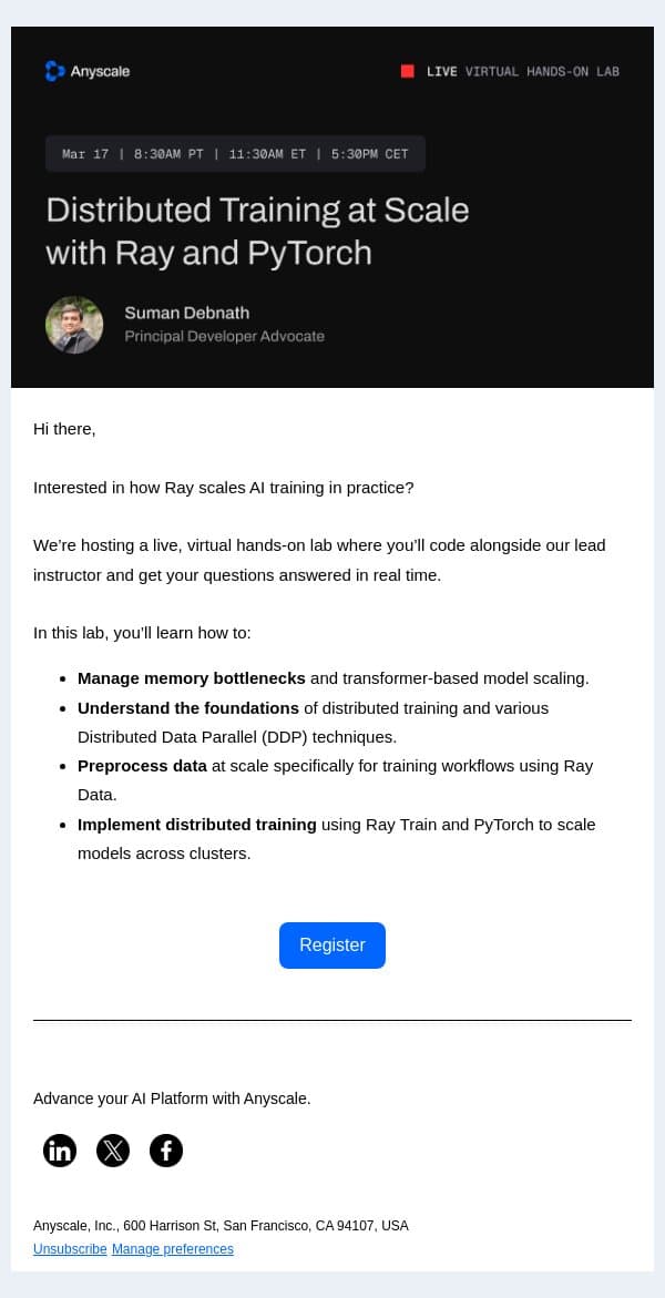 Virtual Hands-On Lab: Distributed Training with Ray and PyTorch email from Anyscale screenshot