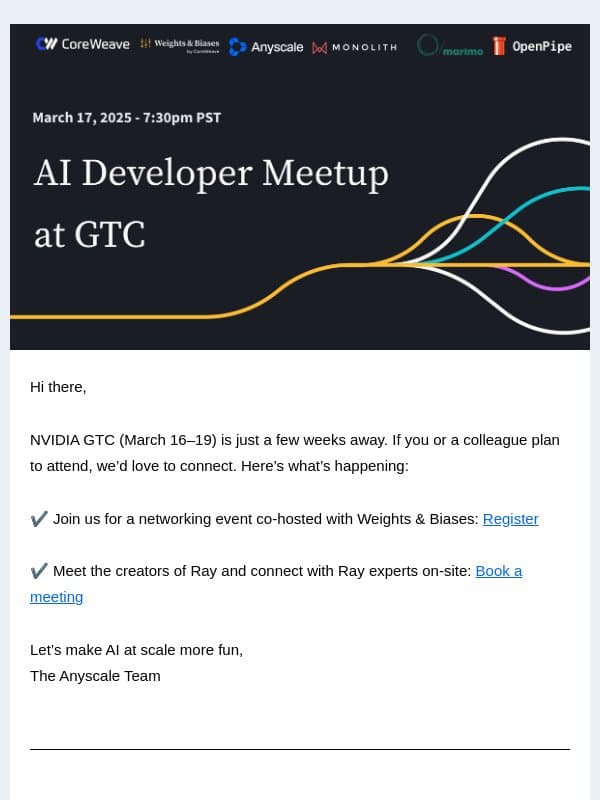 AI Developer Meetup at NVIDIA GTC email from Anyscale
