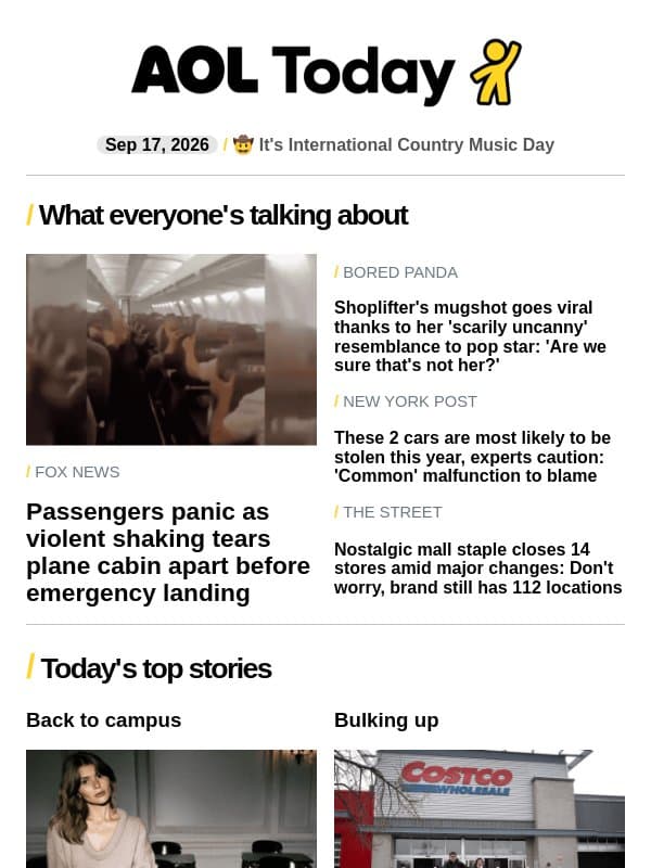 Plane cabin torn apart; serial killer caught; mall staple closing stores email from AOL